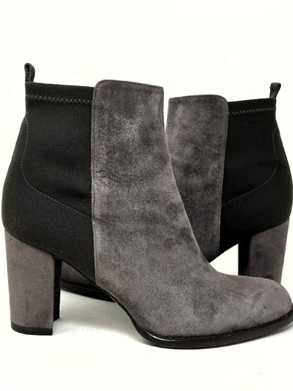 Stuart Weitzman Mainline Gray Suede Mixed Media Block Heel Ankle Boots Size 6